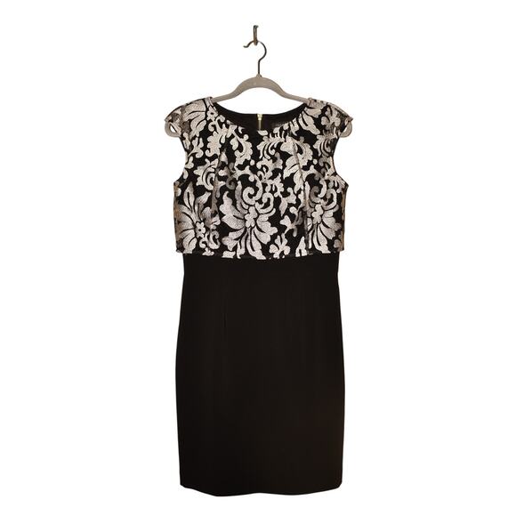 TAHARI ASL $189 Black Silver Brocade Cap Sleeve Sheath Dress Size 4‎ - Picture 1 of 4